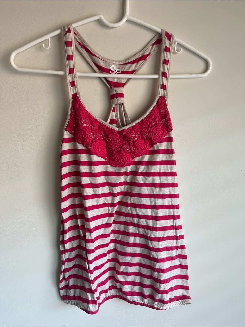SO Pink and Cream Stripe Lace-Trim Tank